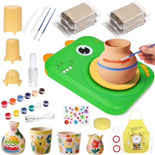 Pottery Wheel for Kids, Art Supplies Arts & Crafts Kit, Crafts Toys for Girls 6+, Pottery Studio Craft Kit with 4 Pack Air-Dry Clay,Girls Toys Birthday Christmas Gift for Kids Ages 6 7 8 9 10 11 12+ - color: Green -Dinosaur