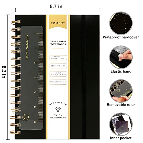 Yoment Graph Paper Spiral Notebook A5 Graphing Notebook 160 Pages Graph Paper Notebook Spiral Bound Waterproof Plastic Hardcover Spiral Journal 5x7 Grid Notebooks for Note Taking,Black - color: Black, style: A - Graph - A5