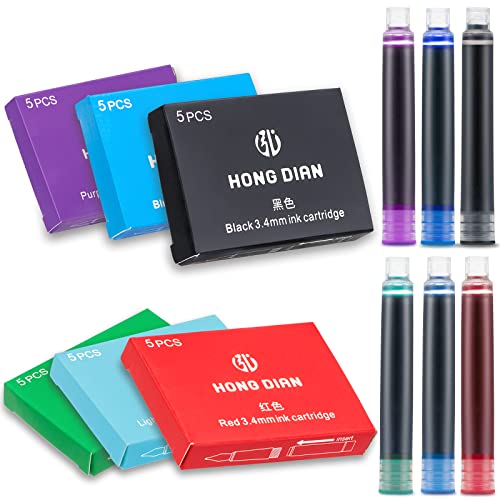 Asvine 30 PCS Hongdian Fountain Pen Ink Cartridges 6 Colors Set (Black, Blue, Green, Red, Purple, Light Blue), 3.4mm Bore Diameter - color: Mixed Color