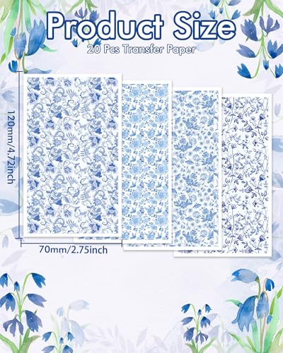 Puocaon Blue Flower Transfer Paper - Elegant Floral Transfer Sheets for Polymer Clay Jewelry, 20 Sheets Polymer Clay Earrings Transfer Paper Chinoiserie Blue Flower - color: blue flower