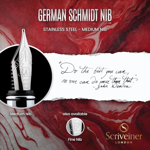 Scriveiner Deep Crimson Red Fountain Pen - Stunning Luxury Pen with Chrome Finish, Schmidt Nib (Medium), Best Pen Gift Set for Men & Women, Professional, Executive, Office, Nice Pens - color: 12. Crimson Red with Chrome, style: Medium Nib