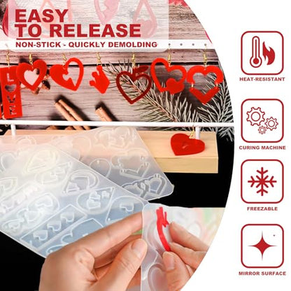 4 Pack Resin Earring Molds with Holes, Resin Jewelry Molds Variety Heart Lips Crown Keys Lock Waterdrop Musical Notes Love, Shape Silicone Earring Pendant Bracelet Charm Mold - color: 4 PCS Love Heart Resin Earring Molds