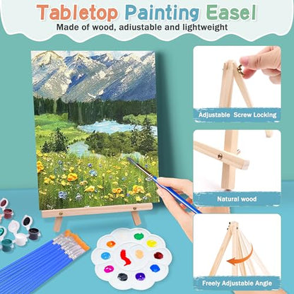 4 Pack 8x10 Inch Canvas and Easel Set, Sip and Paint Kit for Adults,Art Canvas Bulk with Easels Stands, Trays,Small Paint Brushes,12 Colors Mini Acrylic Paint Set for Couples and Party Supplies