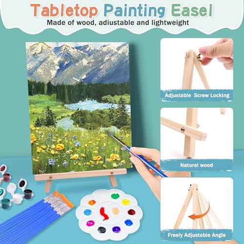 12Pack 8x10 Inch Canvas and Easel Set, Sip and Paint Kit for Adults,Art Canvas Bulk with Easels Stands, Trays,Small Paint Brushes,12 Colors Mini Acrylic Paint Set for Couples,Kids and Party Supplies