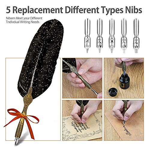 NC Quill Pen ink Set,Feather Pen ink Set Includes Feather Dip Pen,Ink,5 Replacement Nibs,3 Wax Seal Sticks,Pen Nib Base,Seal Stamp, White Wax,Spoon,Envelope letter paper, Envelope Tool (Black)
