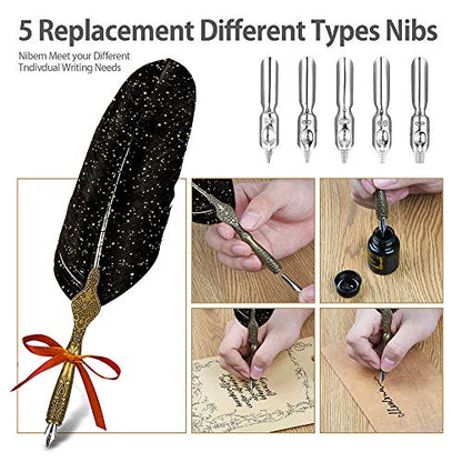 NC Quill Pen ink Set,Feather Pen ink Set Includes Feather Dip Pen,Ink,5 Replacement Nibs,3 Wax Seal Sticks,Pen Nib Base,Seal Stamp, White Wax,Spoon,Envelope letter paper, Envelope Tool (Black)