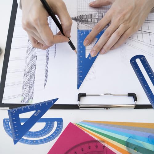 HARFINGTON 8pcs Triangular Ruler Set 15cm/6" Aluminum Alloy Straight Geometric Protractor Triangle Engineering Scale Drafting Ruler Kit Measuring Drawing Tool for Classroom Home, Silver/Blue - color: Silver/Blue