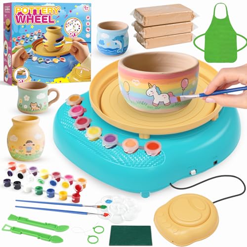 Cmiolacuna Pottery Wheel for Kids, Complete Kit with Air-Dry Clay，Ages 8-12 | Beginner pottery kit with air-dry clay, 12 paints, clay tools and apron - no kiln needed, screen-free craft gift ages 8-12 - color: Blue