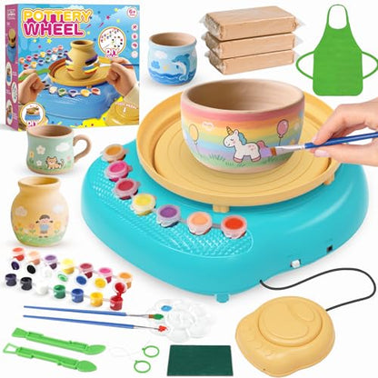 Cmiolacuna Pottery Wheel for Kids, Complete Kit with Air-Dry Clay，Ages 8-12 | Beginner pottery kit with air-dry clay, 12 paints, clay tools and apron - no kiln needed, screen-free craft gift ages 8-12 - color: Blue