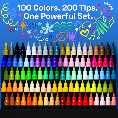 ARTISTRO 100 Acrylic Glass Paint Markers - Paint Pens for Glass Marking, Rock Painting, Ceramic, Wood, Fabric, DIY, Craft, Canvas - Art and Craft Supplies for Adults, Teens, Kids (Brush + Fine Tips) - style: Dual Tip Brush + Fine