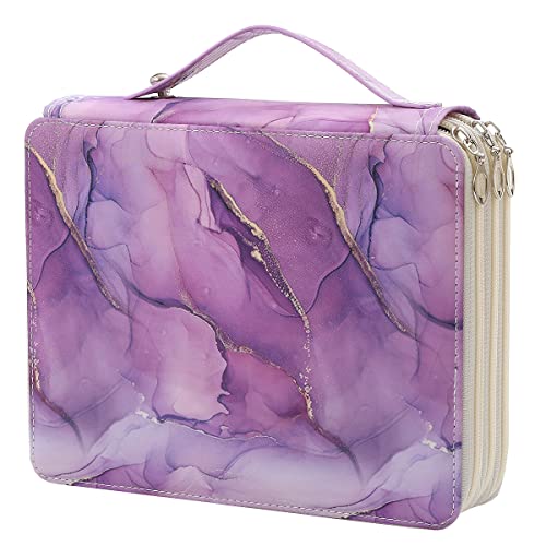 120 Slots Colored Pencil Case Organizer, 3 Layer Bag | Twill Oxford fabric, 127 elastic loops, detachable handle, for travel, home storage, drawing tools, creative gifts - color: Dark Marble Purple