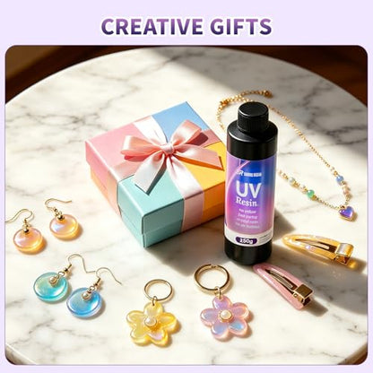 SHORE RESIN 250g UV Resin Kit with Light, Jewelry Starter Set | Includes UV Lamp, Silicone Molds, Glitter, Dried Flowers and Tools for Earrings, Keychains and Crafts - size: 250g