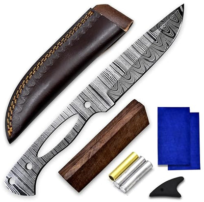 Custom Hand Forged Damascus Steel Blank Blade Knife Making Kit DIY Hunting Blade, Leather sheath, Pin, Scales,Damascus Blade Billet, Knife Making Supply (BK-E) - color: BK-E