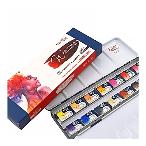 Rosa Gallery Watercolor Paint Set, 'Portrait' palette full pans 14 colors metal case, extra fine professional watercolours
