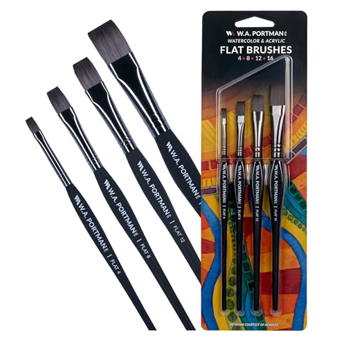 WA Portman Flat Paint Brushes Professional 4pc Set – 100% Vegan, Cruelty-Free Artist Paint Brushes for Acrylic Painting with Triangular Comfort Grip – Precision Art Brush for Artists - color: Flat
