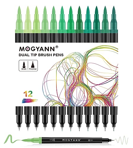 Green Markers, 12 Pack Dual Brush Pens Drawing Markers for Art Sketching - color: Green