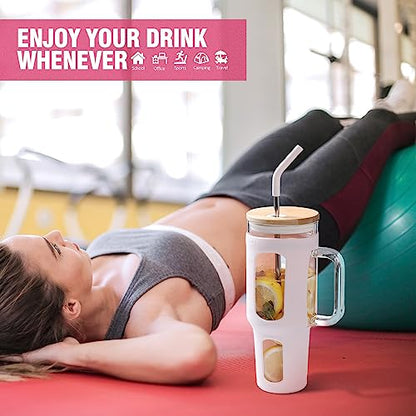 WINSA Glass Tumbler with Lid and Straw, 46 oz Iced Coffee Cup with Handle, Large Water Bottles with Silicone Sleeve, Glass Cup with Straws - Pearl Straw & Drinking Straw BPA Free-CottonPink - color: CottonPink, size: 46 Ounces