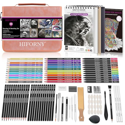 HIFORNY 100 PCS Drawing & Sketching Set, Professional Art Supplies with Graphite,Charcoal, Colored,Watercolor,Metallic Pencils,Blending Tools,Sketchbook and Coloring Book in Zipper Case (Pink) - color: Pink