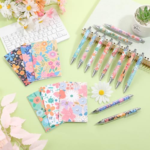 Motiskyy 24 Pcs Floral Pens Flower Ballpoint Pens Flower Notepads Set Design Line Notebook Employee Gifts Set for Student Womens History Month School Supplies, Valentine's Day, Mother's Day Gift - style: Classic