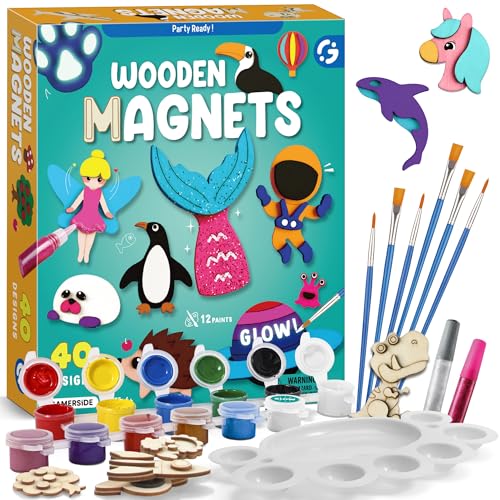 Byncceh Gamerside DIY Wooden Magnets Kids Crafts - 40 pcs Glow Magic Magnetic Paint Set, Wood Arts and Crafts for Kids, Make Your Own Fridge Magnets Party Favors Gifts Crafts for Girls 6-8 8-12