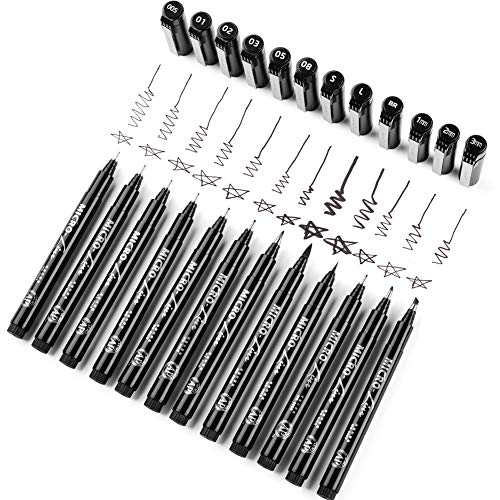 Set of 12 Black Micro-Pen Fineliner Ink Pens - Waterproof Archival ink Fine Point Micro Pen for Multiliner, Sketching, Brush Lettering, Artist Illustration, Technical Drawing, Calligraphy, Scrapbookin