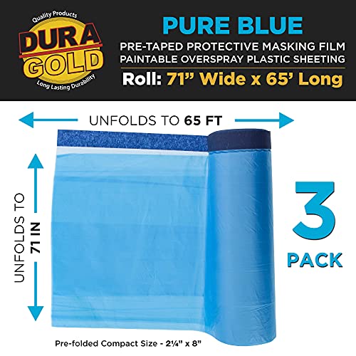 Dura-Gold 71" x 65' Pure Blue Pre-Taped Masking Film, (3 Pack) Painters Plastic Roll (0.4 Mil), Pull Down Drop Sheet, Pre-Taped Plastic Sheeting for Painting Protection on Auto, Walls, Furniture