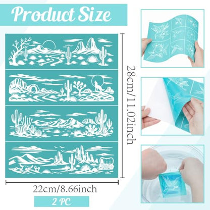 2 Sheets Desert Landscape Silk Screen Stencil, Cactus Mesas Coyotes Self-Adhesive Silk Screen Printing Stencils Reusable Mesh Stencil for Painting on Wall, Wood, T-Shirt, Home Craft Decor - style: Desert Landscape
