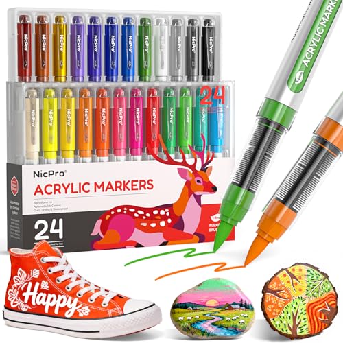 Nicpro 24 Colors Acrylic Paint Markers Brush Tip, Water-Based No-Bleed Paint Markers with Automatic Ink Control, Waterproof Acrylic Paint Pens for DIY Art & Crafts - Eggs, Rock, Wood, Glass, Fabric - size: 1 Count (Pack of 24)