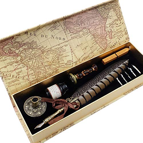 Antique Quill Pen Unique Half-Patterned Feather Pen Set with 6 Nibs 1 Bottle of Ink 1 Seal Stamp 1 Pen Holder 1 Sealing Wax LL-149