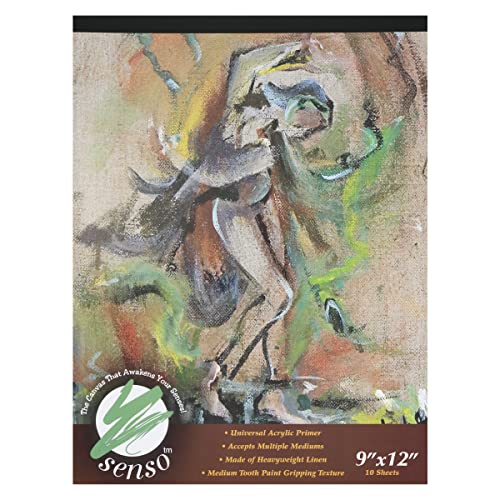 Senso Clear Primed Linen Canvas Pads - 9x12 (10 Total Sheets) - Clear Primed Heavyweight Linen Sheets Travel-Friendly Canvas Paper for Acrylic Oil Painting Mixed Media Sketching Drawing - size: 9"x12"