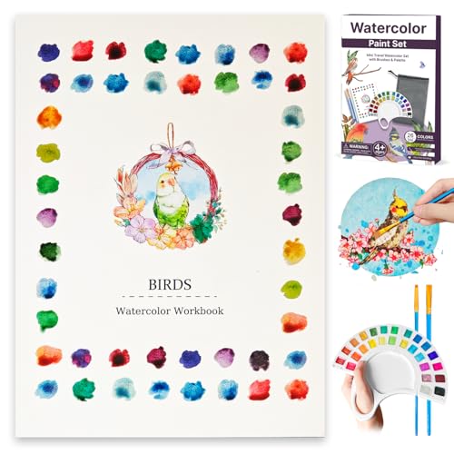 Watercolor Workbook, Water Coloring Book with 13 Pages 300GSM Paper, 26 Colors Watercolor Paint Set with Brush & Storage Bag, Beginner-Friendly Coloring Book for Adults - Birds Theme Art Kit - color: Birds