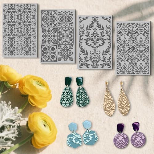 4 Pcs Gorgeous and Exquisite Pattern Polymer Clay Texture Sheet Ornate Royal Rubber Clay Texture Mat for Polymer Clays Making Earrings Jewelry DIY Crafts, 4 × 2.5 Inch - style: Ornate Royal