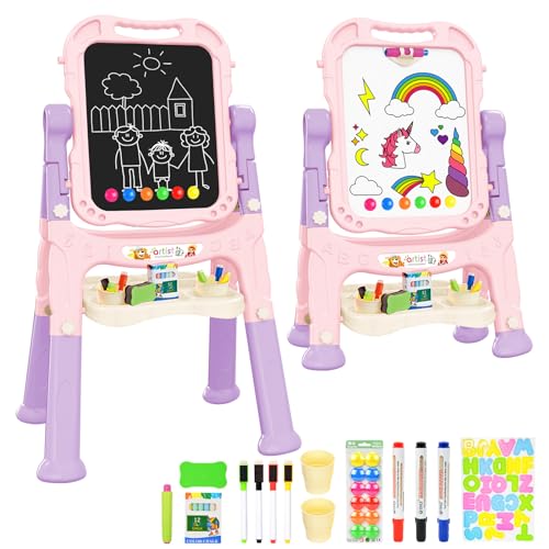 Kids Art Easel, Adjustable Drawing Whiteboard & Chalk Board, Double Sided Toddler Easel with Painting Accessories, Birthday Gift Toy for Little Girls Boy Age 2 3 4 5 (Pink) - color: Pink