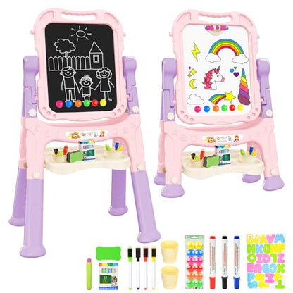Kids Art Easel, Adjustable Drawing Whiteboard & Chalk Board, Double Sided Toddler Easel with Painting Accessories, Birthday Gift Toy for Little Girls Boy Age 2 3 4 5 (Pink) - color: Pink