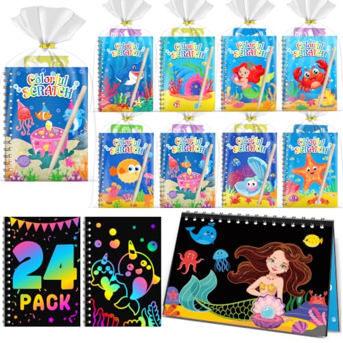 Rainbow Scratch Paper Party Favors: 24 Pack Ocean Rainbow Scratch Notebook, Goodie Bags Stuffers Coloring Books Party Favors for Kids 3-12, Bulk Classroom Birthday Gifts for Student - style: 24 Pack Ocean