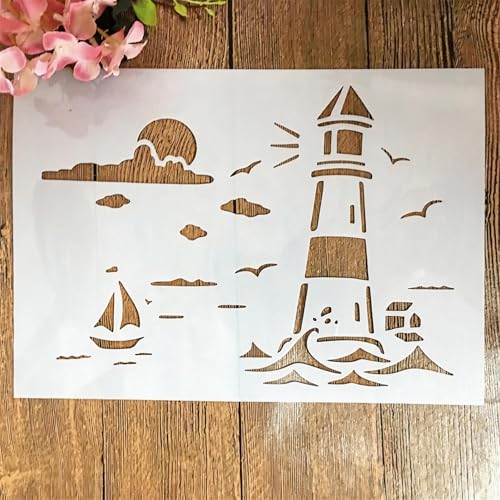 TIAMECH A4 Reusable Lighthouse Sea Sail Stencil for Painting | Beach Sunrise Layering Template, DIY Wall Art, Wood Furniture, Scrapbook & Crafts (8.3x11.7inch) - style: Lighthouse Sea Sail