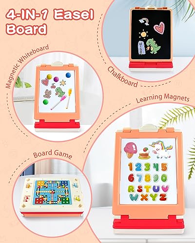 Elovien Foldable Art Easel for Kids, Double Sided with Chalkboard & Magnetic Dry Erase Board, Height Adjustable Desktop Easel, Educational Gift for Girls (Pink) - color: Pink