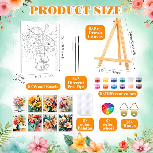 Humyoun 8 Sets 8" x 10" Flower Pre Drawn Canvas to Paint for Sip and Paint Party Floral Predrawn Coloring Set Pre Sketched Canvas Boards with Paints and Brushes for Adult - style: Flower