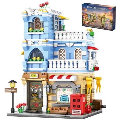 City Hotel Building Blocks, 713 PCS Modular City Street View Model, Hotel Construction Set for Home Decor, Birthday Gifts for Adults & Collectors - color: Azure