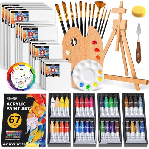 ARTALLY Acrylic Paint Set for Adults & Kids, 67 Pcs Canvas Painting Kits, 32 Colors Acrylic Paint (22ML),Table Easel,Brushes,Canvas, Art Painting Supplies Kit for Students,Artists,Beginners - size: 67 Piece Set