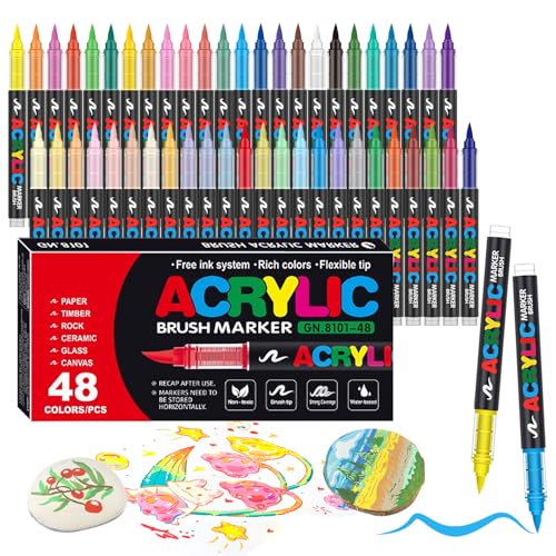 48 Colors Soft Brush Tip Acrylic Markers Set, Paint Pens for Rock, Wood, Fabric, Canvas, Glass, DIY Crafts, Waterproof Paint Markers, Vibrant Acrylic Pens for Artists and Art Projects - style: 48 colors