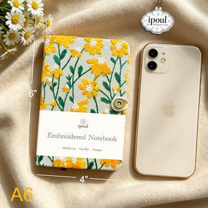 Daisy Gifts for Women, Flower Embroidered Journal, A6 Pocket Sketchbook, Small Unlined Notebook 4x6, Hardcover, Lay Flat, Cute Notebooks, Pretty Journal, Yellow Daisy - color: A6-Button-Yellow, style: Minimalist