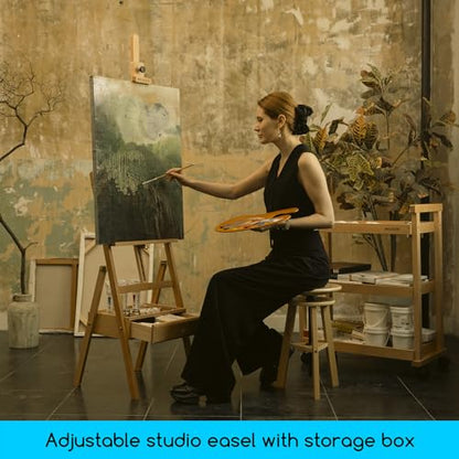 MEEDEN Painting Easel with Storage Drawer, Studio H-Frame Easel- Adjustable (60"~75") Solid Beech Wood Easel Stand for Painting for Adults, Holds Canvas Art up to 35",Natural - color: Natural