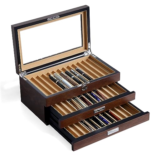 Pen Display Case with 36 Pen Slots, Fountain Pen Case, Wood Pen Storage Organizer, Pen Box Display for Men Gift, Pen Display Box with Glass Window(Brown ash Veneer Finish, Camel Velvet) - color: Brown 36 Slots, Camel Velvet