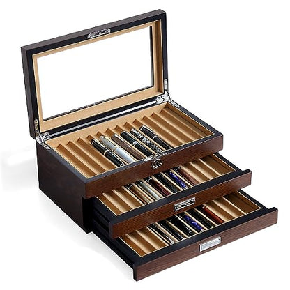 Pen Display Case with 36 Pen Slots, Fountain Pen Case, Wood Pen Storage Organizer, Pen Box Display for Men Gift, Pen Display Box with Glass Window(Brown ash Veneer Finish, Camel Velvet) - color: Brown 36 Slots, Camel Velvet