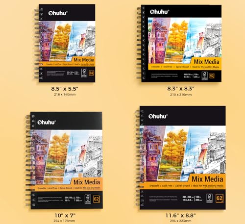 Ohuhu Mix Media Pad, 8.3" x 8.3" Mixed Media Art Sketchbook, 120 LB/200 GSM Heavyweight Papers, 62 Sheets/124 Pages, Spiral Bound Mix Media Paper Pad for Acrylic, Painting, Christmas Gift - size: 8.3" x 8.3"