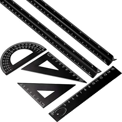 6 Pcs Triangular Ruler Set 12 Inch Engineering Scale Aluminum Architect Drafting Ruler Metal Protractor Arquitectura Accessories for Draftsman Engineers Metric(Black) - color: Black