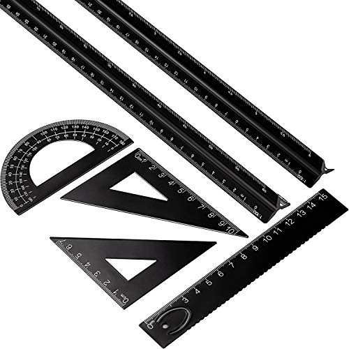 6 Pcs Triangular Ruler Set 12 Inch Engineering Scale Aluminum Architect Drafting Ruler Metal Protractor Arquitectura Accessories for Draftsman Engineers Metric(Black) - color: Black
