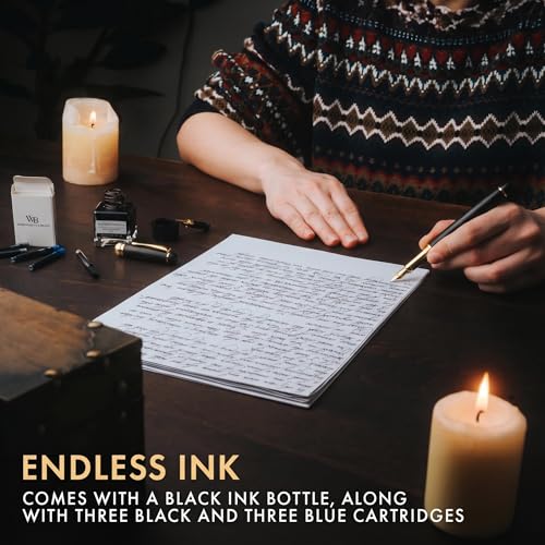 Wordsworth & Black Fountain Pen Set, Luxury Bamboo Wood - Medium Nib, Extra Fine Nib, Gift Case; 25ML Black Ink Bottle, 6 Ink Cartridges, Refill Converter - Calligraphy, Writing [Black Wood] - color: Black Wood