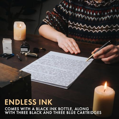 Wordsworth & Black Fountain Pen Set, Luxury Bamboo Wood - Medium Nib, Extra Fine Nib, Gift Case; 25ML Black Ink Bottle, 6 Ink Cartridges, Refill Converter - Calligraphy, Writing [Black Wood] - color: Black Wood